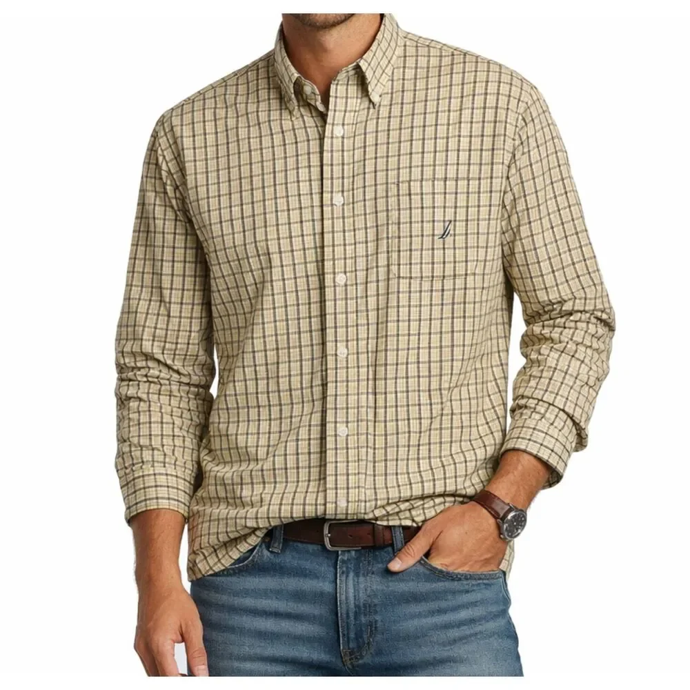 NAUTICA 100% Cotton Yellow Plaid Men's XL Button-Down Long Sleeve Shirt